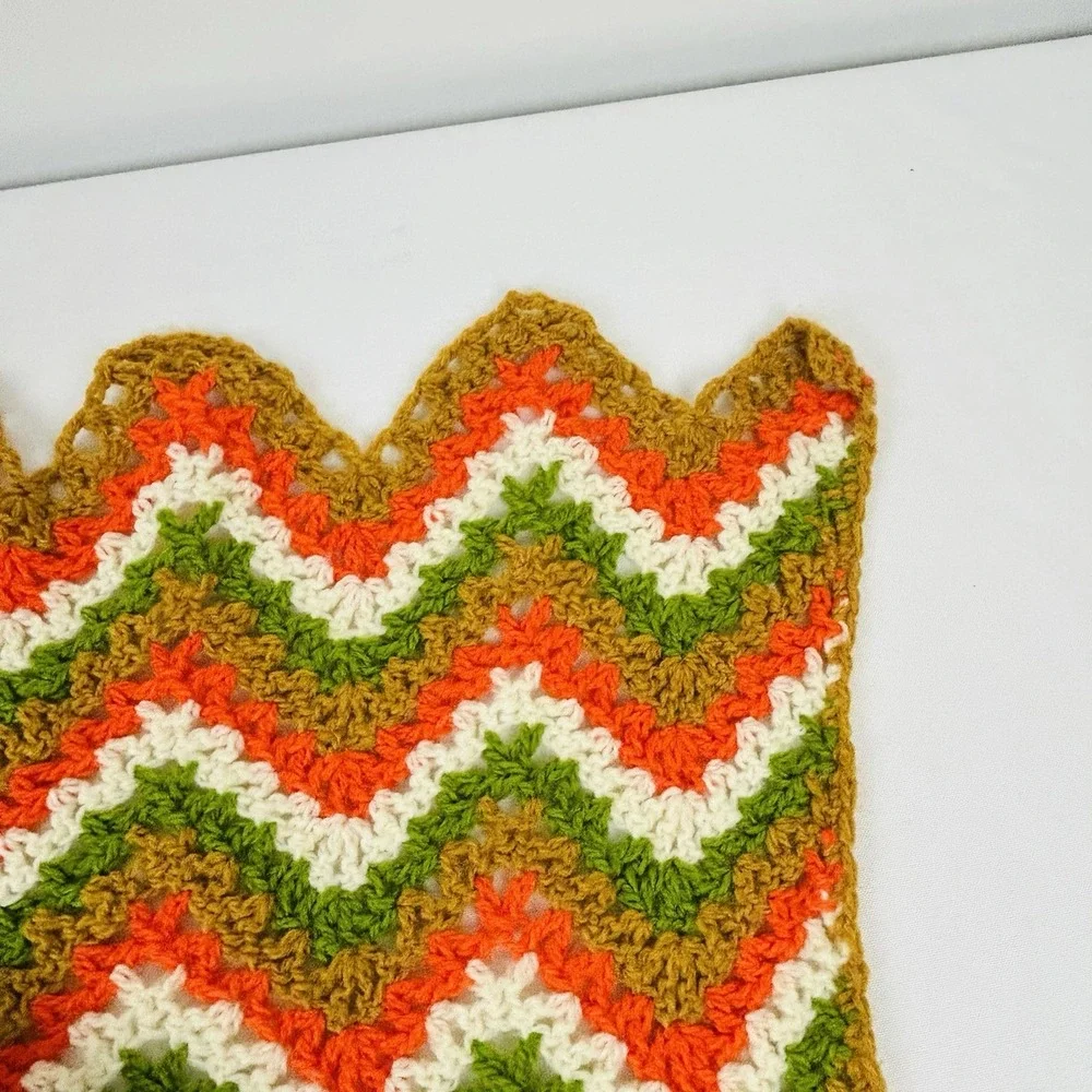 Handmade Throw Blanket Crocheted Granny Afghan Green Gold Orange White 80 x 48